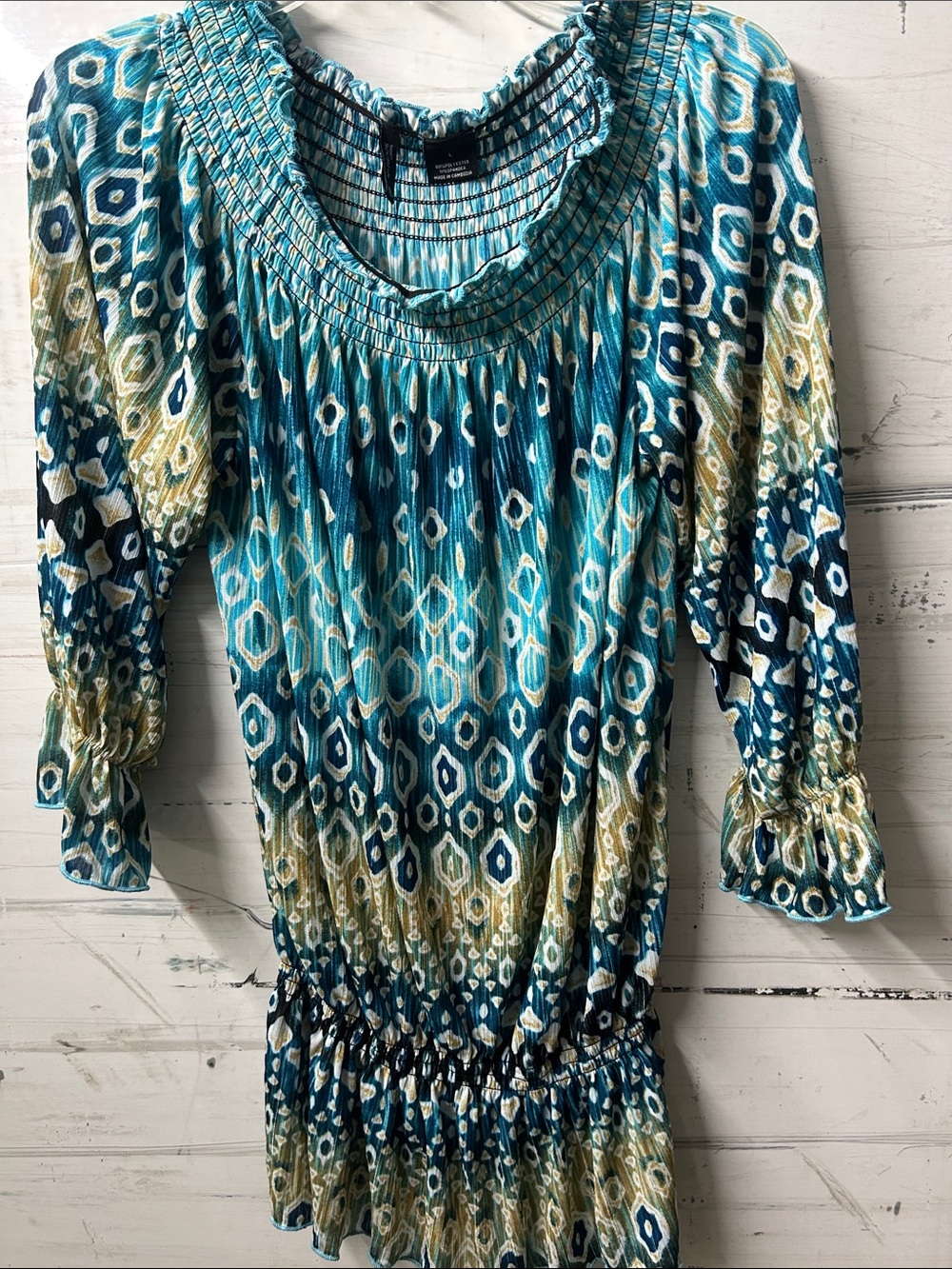 🫶 New Directions Teal Smocked Peasant Blouse Large Boho 3/4 Sleeve Top
